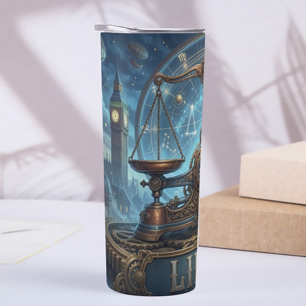 Portable reusable tumbler- Steampunk Libra