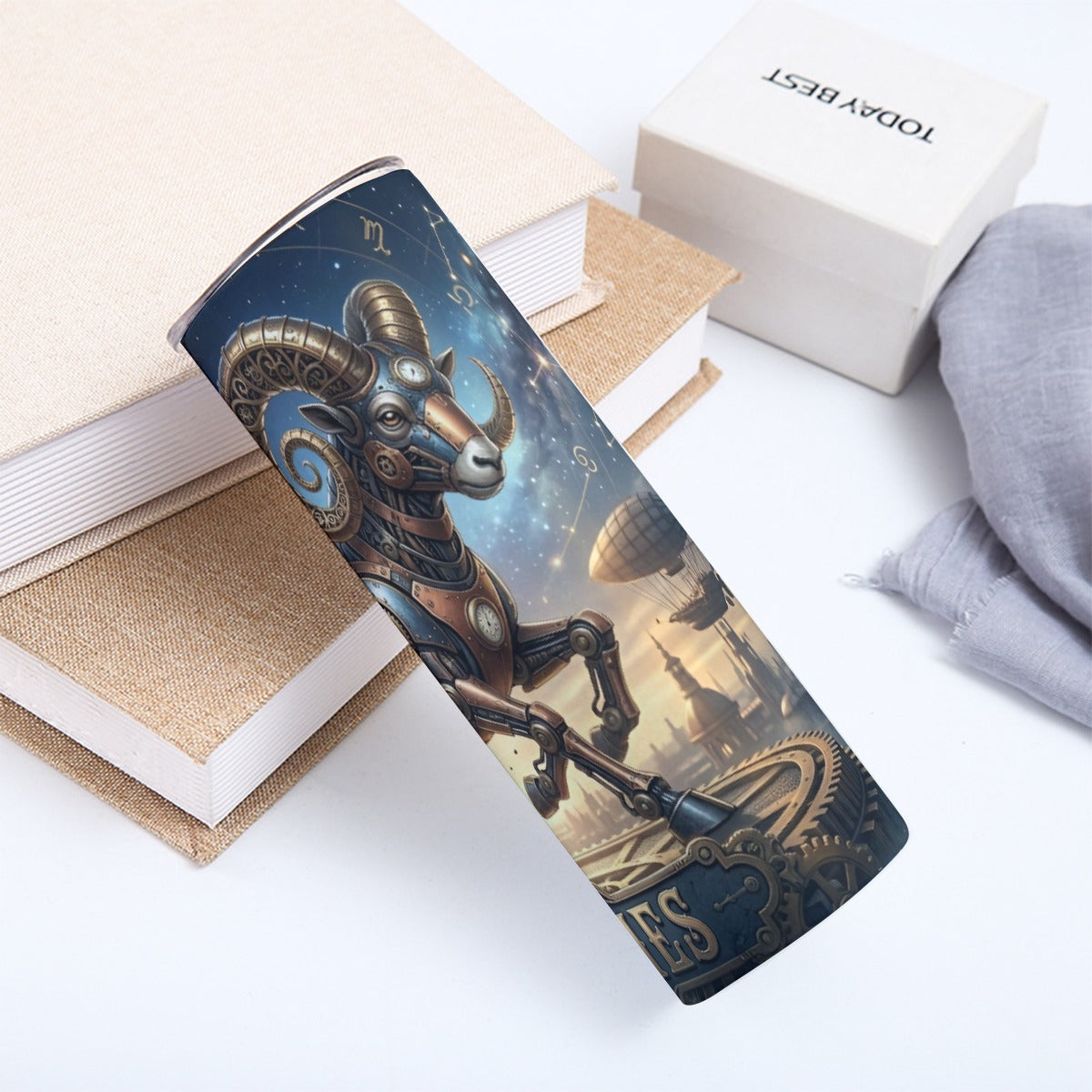 Portable reusable tumbler- Steampunk Aries