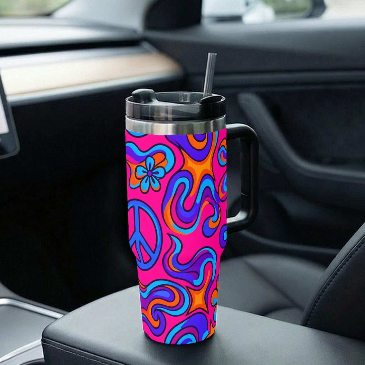 70's psychedelic design 40 oz Tumbler With Handle Printed in USA