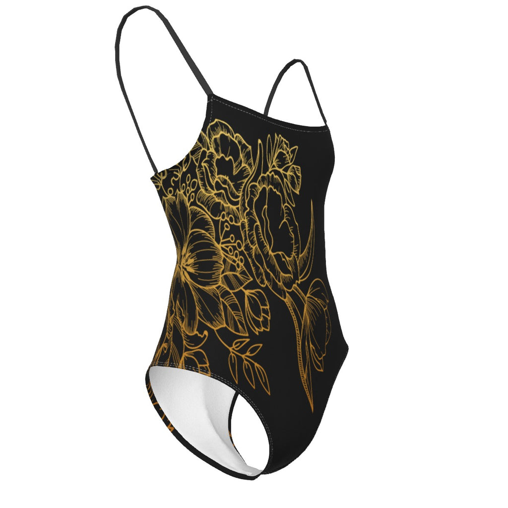 Elegant Gold Filigree All-Over Print Women's Halter Strap Swimsuit