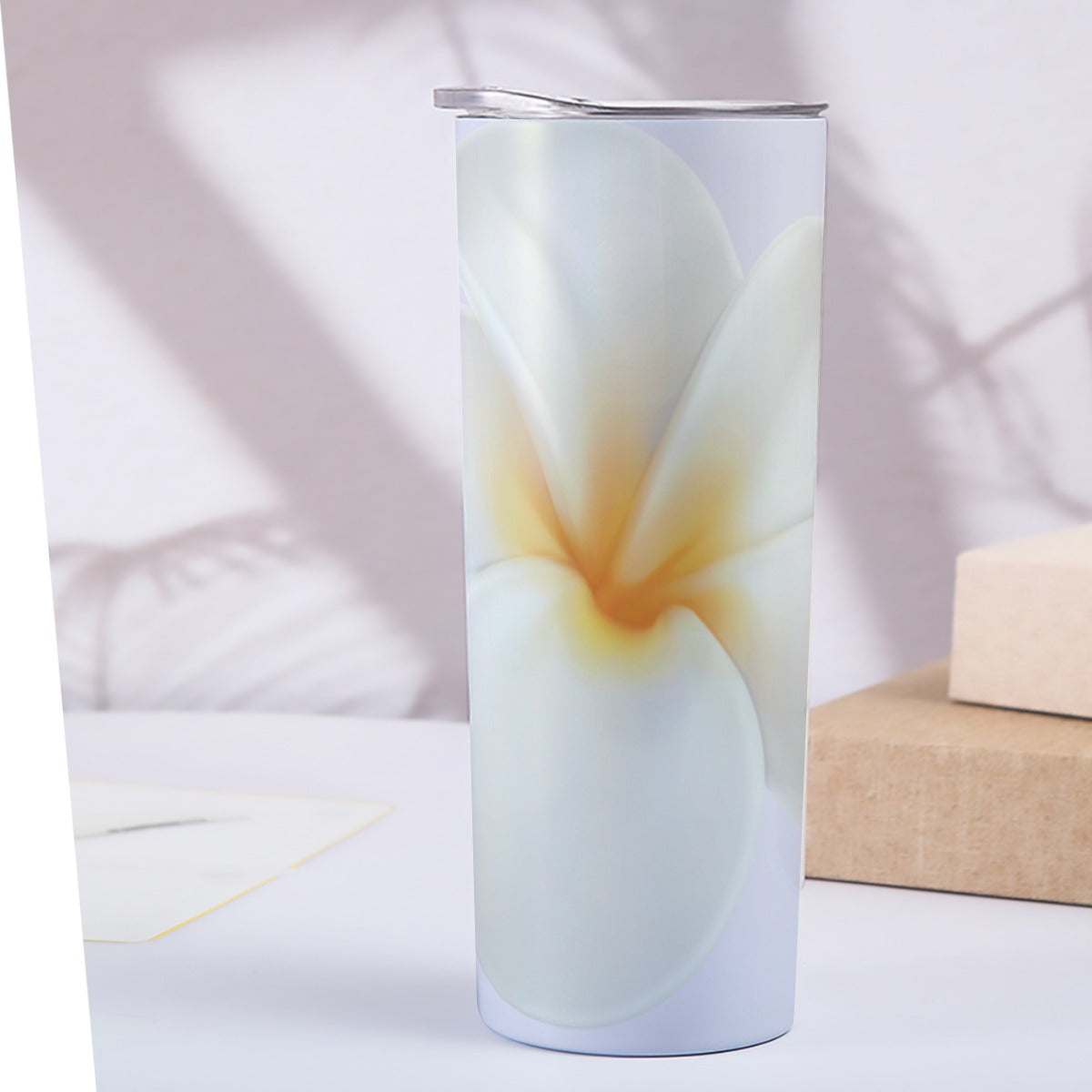 Purple background 20OZ Straight Cup With Sliding Lid Printed in USA