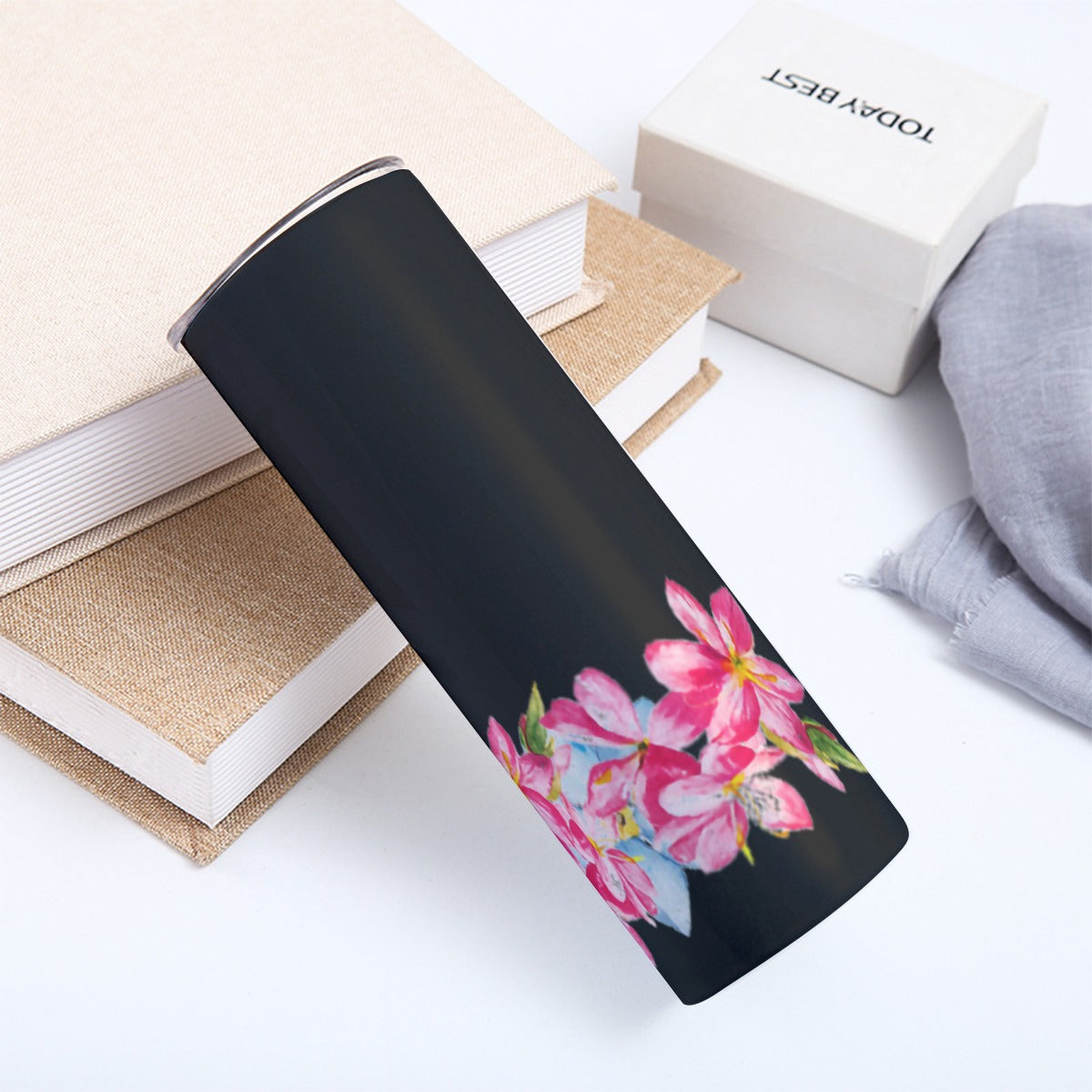 Black with plumerias Custom 20OZ Straight Cup With Sliding Lid Printed in USA