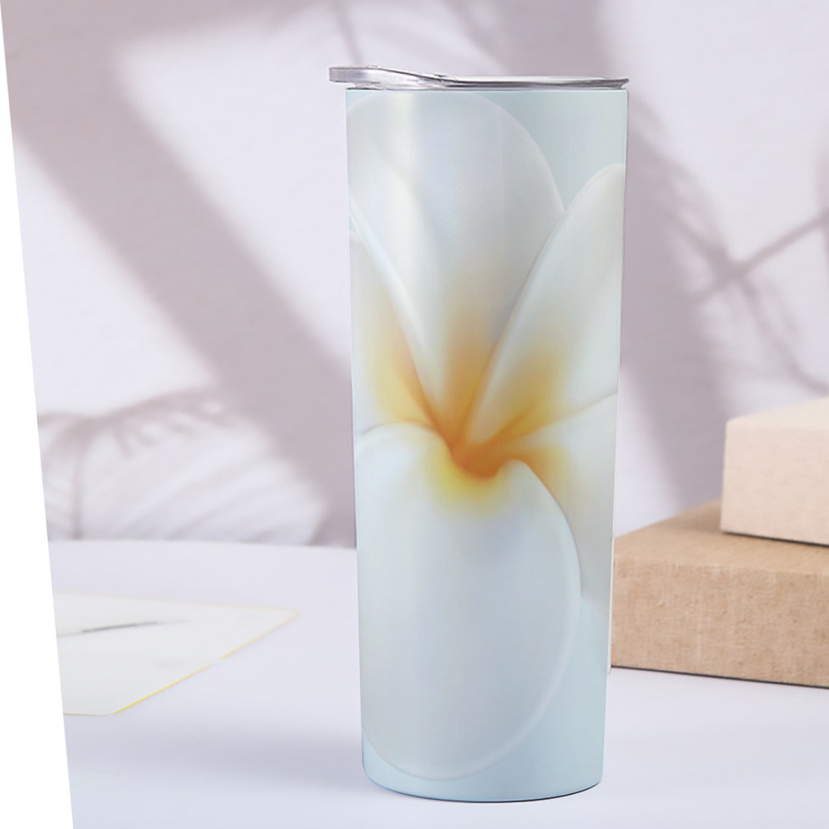 Blue background 20OZ Straight Cup With Sliding Lid Printed in USA