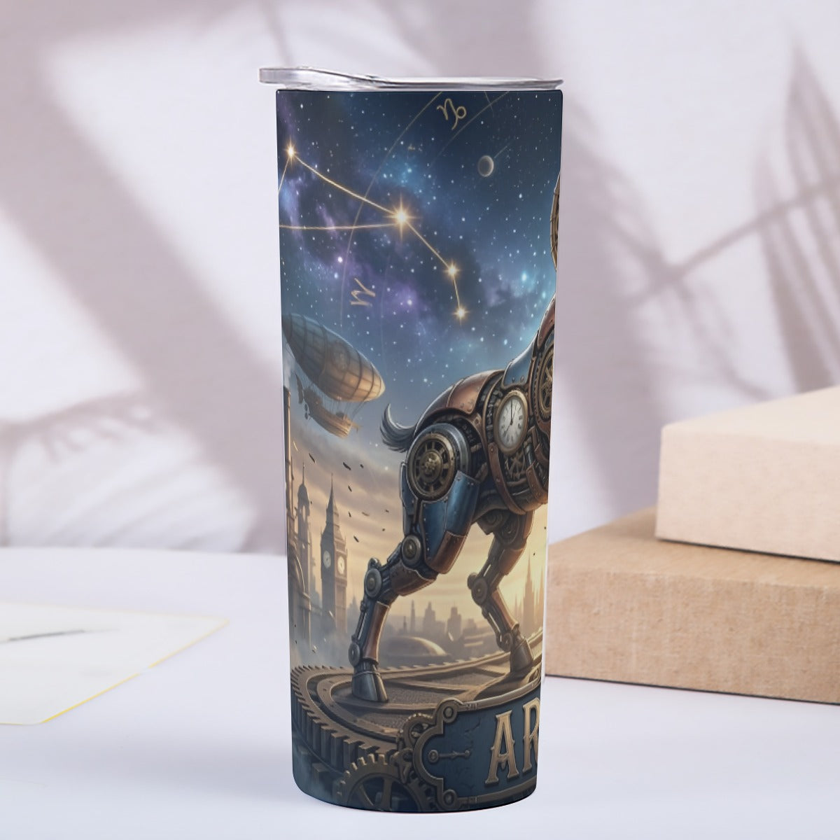 Portable reusable tumbler- Steampunk Aries