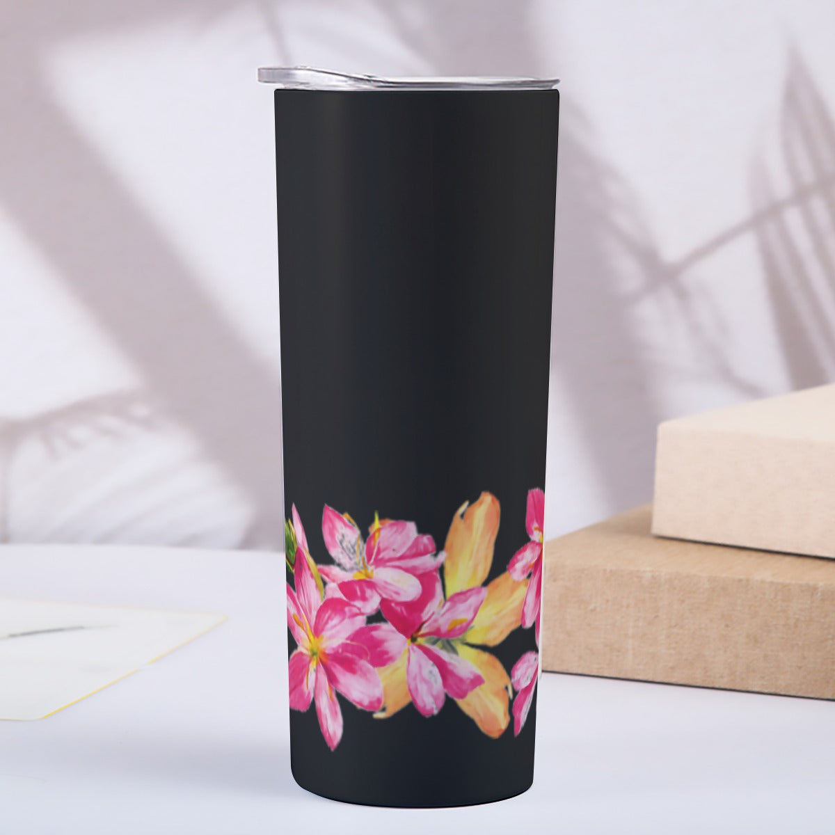 Black with plumerias Custom 20OZ Straight Cup With Sliding Lid Printed in USA